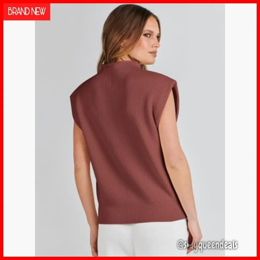 Mock Neck Sleeveless Sweater Vest Cap Sleeve Knit Pullover Tank Top
